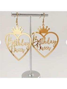 NEW 18k Gold Plated BIRTHDAY QUEEN Gold Dangle Earrings $28 Gold Tone